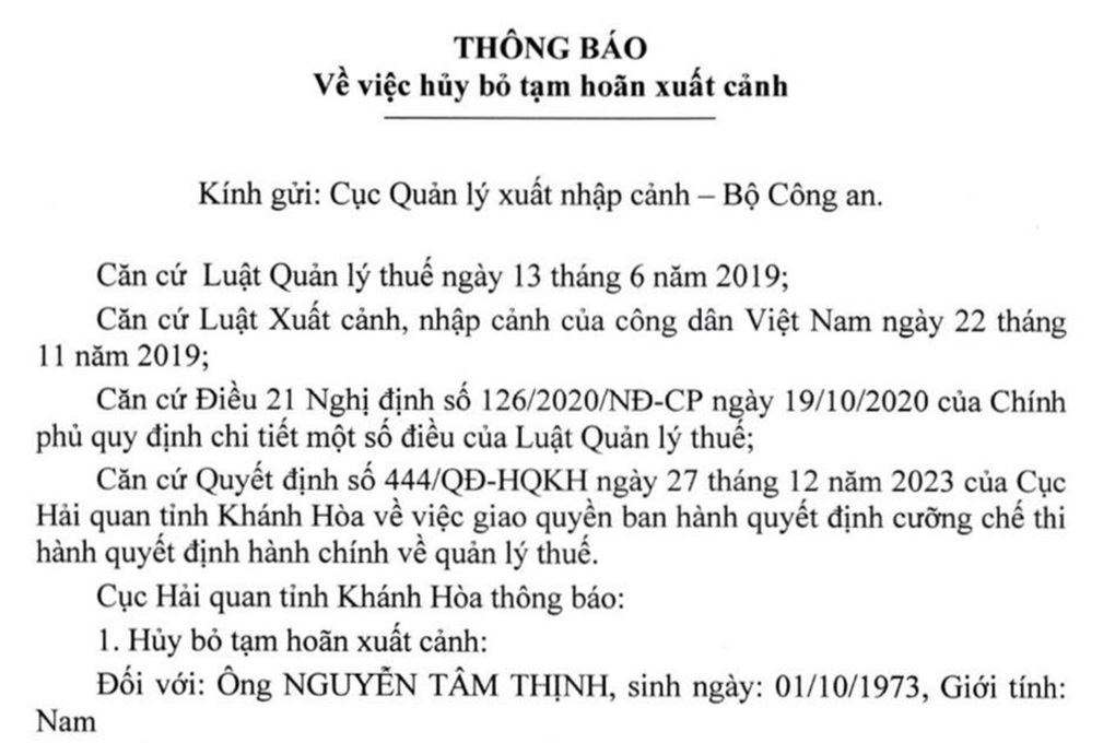 Trung Nam Groupの会長に対する出国猶予の取り消し - 1